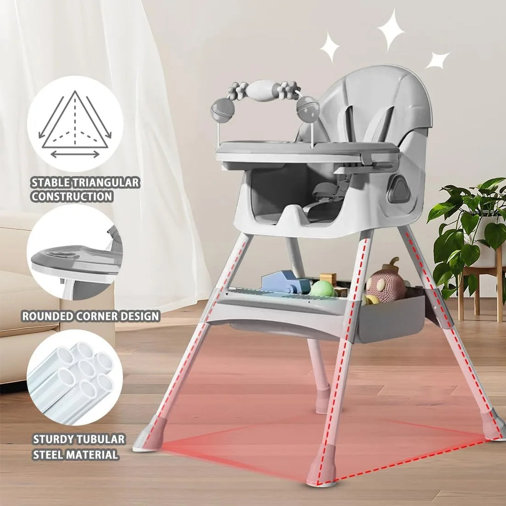 3-in-1 Convertible Baby High Chair – Foldable, Portable & Adjustable Dining Seat with Double-Layer Tray for Easy Feeding & Playtime