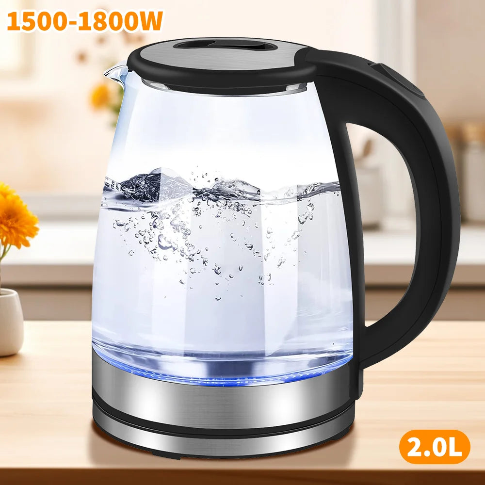 Rapid-Boil Glass Kettle – Sleek 2L 1800W Design with Blue LED & Stainless Steel Finish