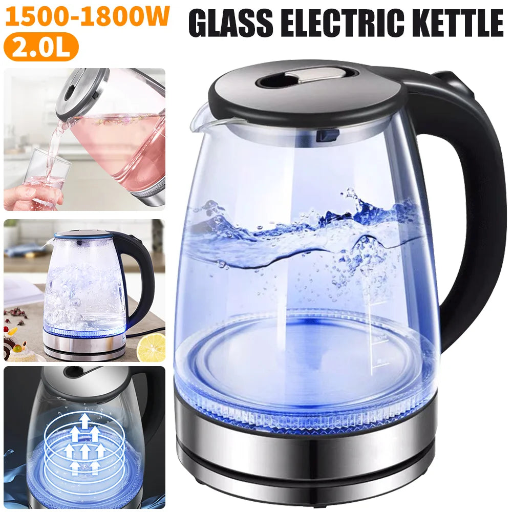 Rapid-Boil Glass Kettle – Sleek 2L 1800W Design with Blue LED & Stainless Steel Finish