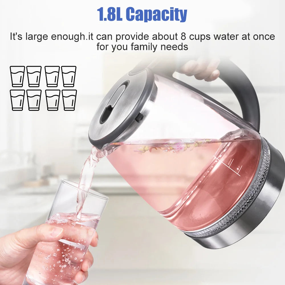 Rapid-Boil Glass Kettle – Sleek 2L 1800W Design with Blue LED & Stainless Steel Finish
