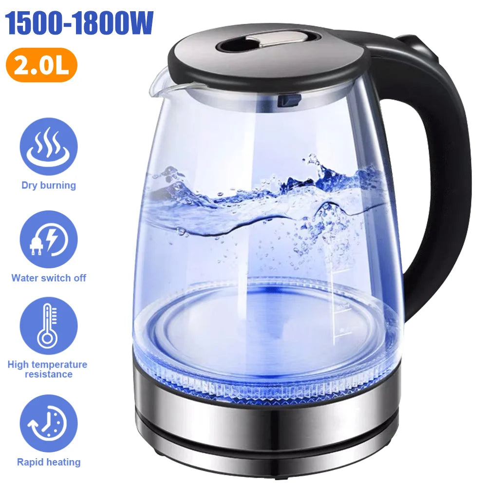 Rapid-Boil Glass Kettle – Sleek 2L 1800W Design with Blue LED & Stainless Steel Finish